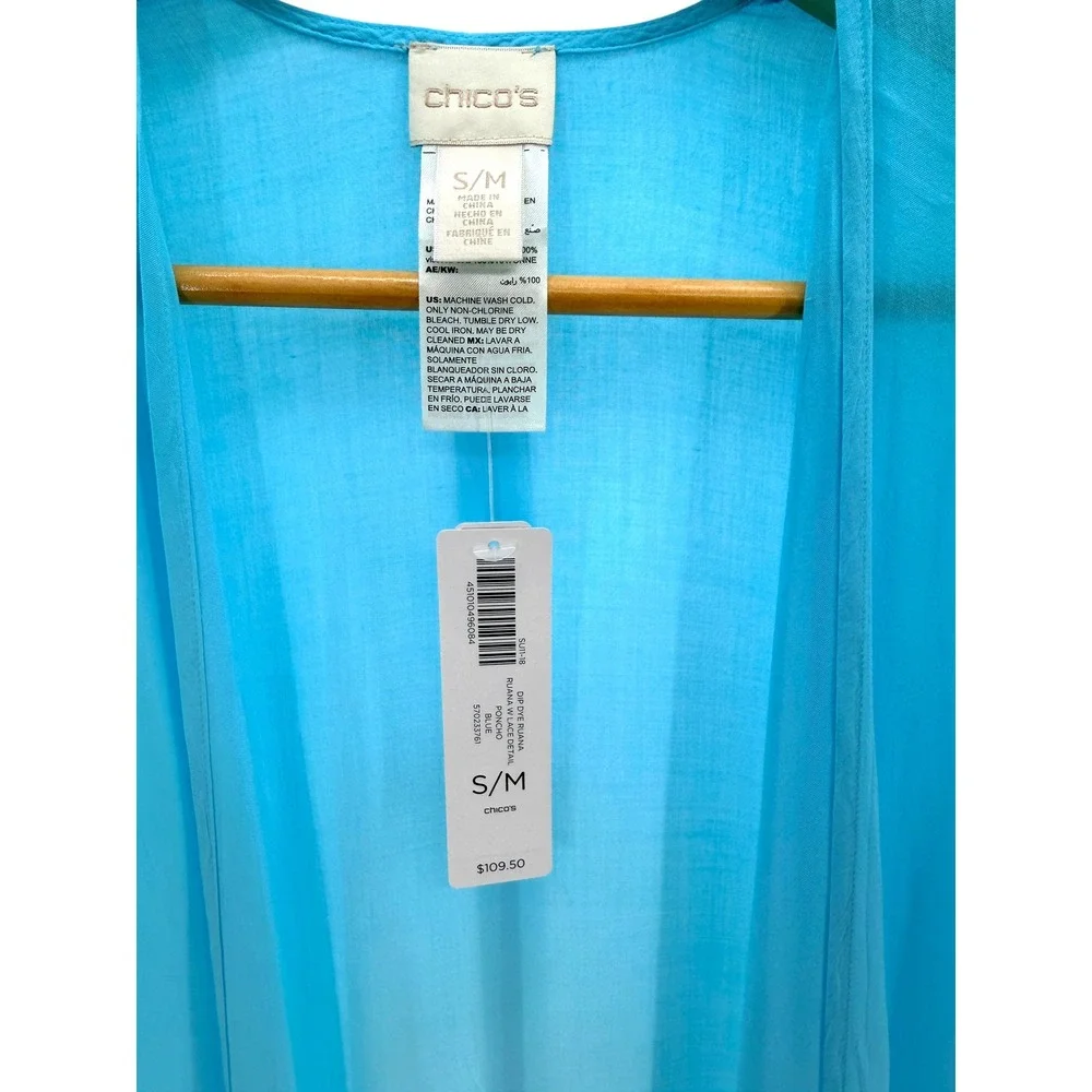 Chico's Dip Dye Ruana Poncho Blue White Ombre Crochet Lace Fringe Kimono S/M New